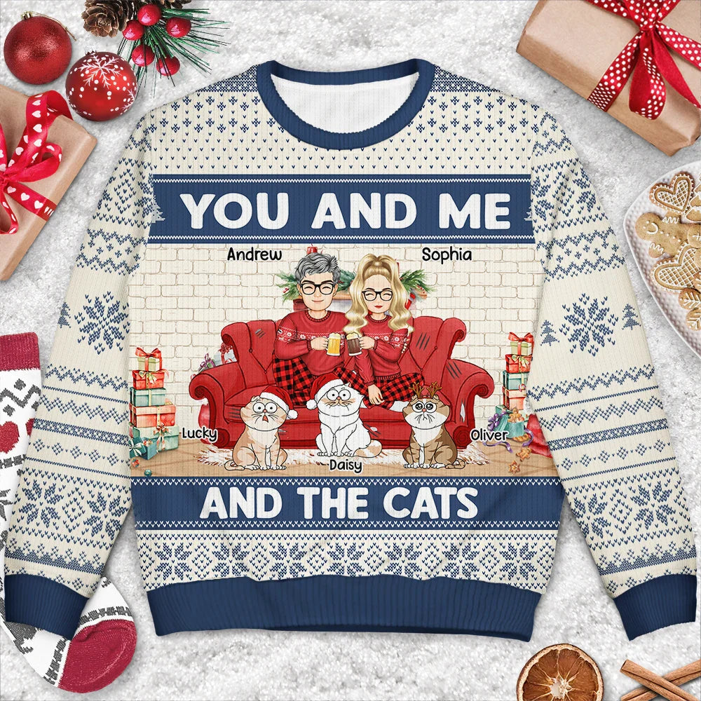 You And Me And The Cat - Personalized Unisex Ugly Sweater