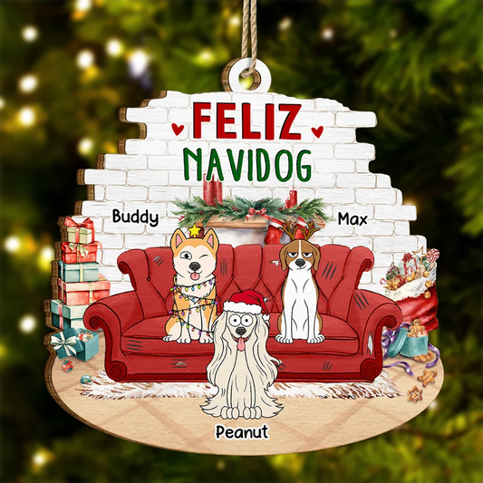 Feliz Navidog Dog Christmas - Personalized Custom Shaped Wooden Ornament