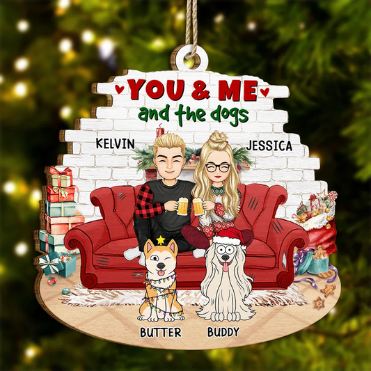 You And Me And The Dogs Cartoon Couples Christmas - Personalized Custom Shaped Wooden Ornament