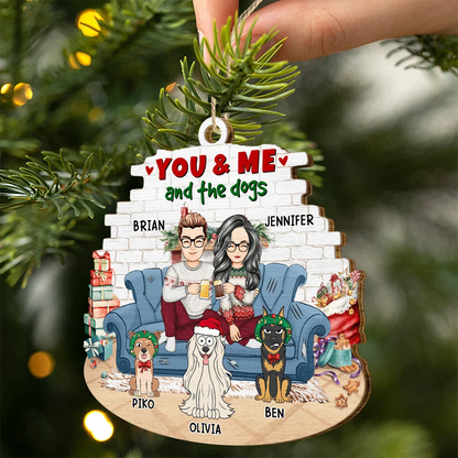 You And Me And The Dogs Cartoon Couples Christmas - Personalized Custom Shaped Wooden Ornament