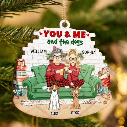 You And Me And The Dogs Cartoon Couples Christmas - Personalized Custom Shaped Wooden Ornament