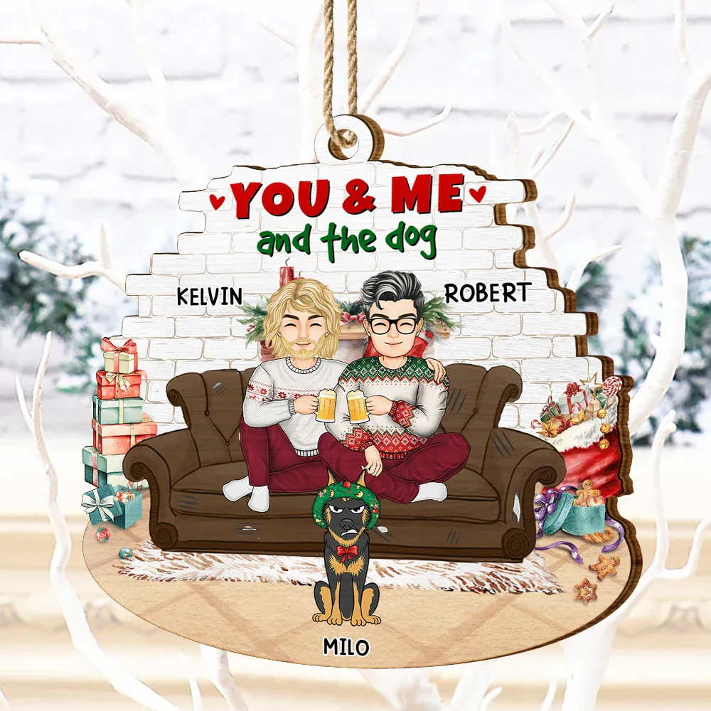 You And Me And The Dogs Cartoon Couples Christmas - Personalized Custom Shaped Wooden Ornament