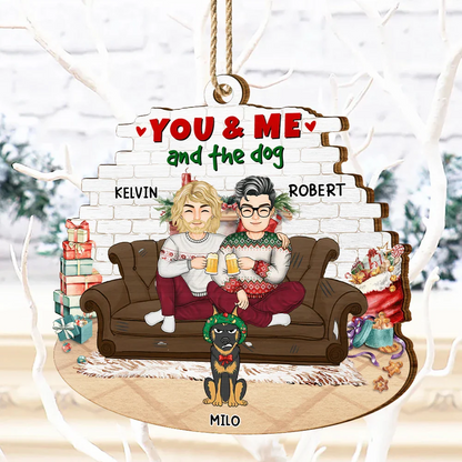 You And Me And The Dogs Cartoon Couples Christmas - Personalized Custom Shaped Wooden Ornament