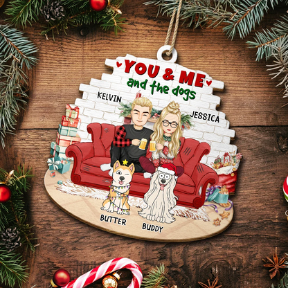 You And Me And The Dogs Cartoon Couples Christmas - Personalized Custom Shaped Wooden Ornament