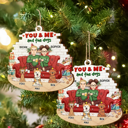 You And Me And The Dogs Cartoon Couples Christmas - Personalized Custom Shaped Wooden Ornament