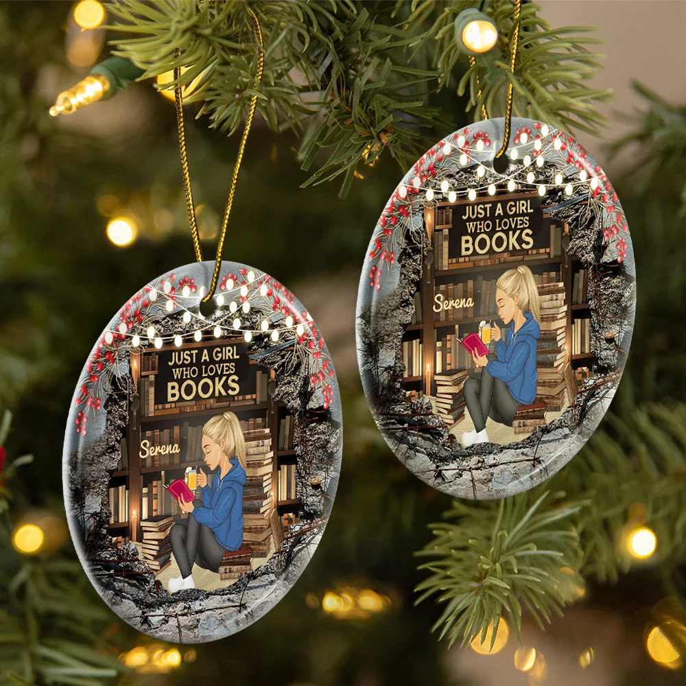 Just A Girl Who Loves Books Reading - Personalized Circle Ceramic Ornament