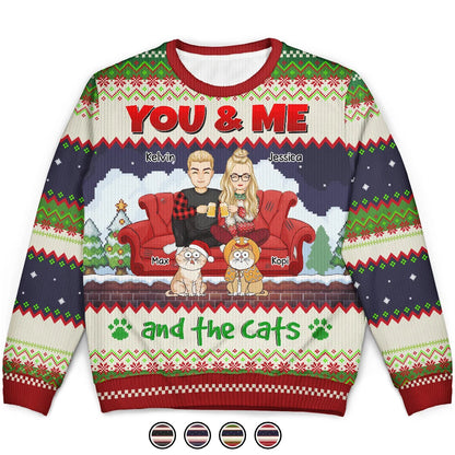 You And Me And The Cats Cartoon Christmas - Personalized Unisex Ugly Sweater