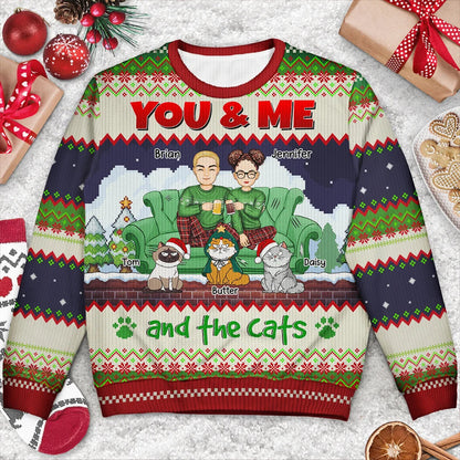 You And Me And The Cats Cartoon Christmas - Personalized Unisex Ugly Sweater