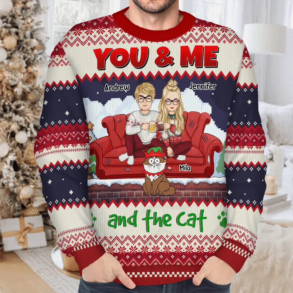 You And Me And The Cats Cartoon Christmas - Personalized Unisex Ugly Sweater