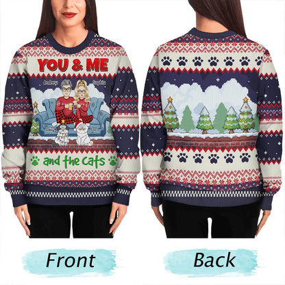 You And Me And The Cats Cartoon Christmas - Personalized Unisex Ugly Sweater