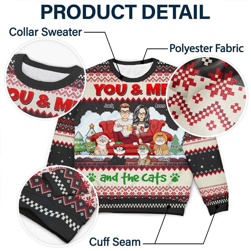 You And Me And The Cats Cartoon Christmas - Personalized Unisex Ugly Sweater