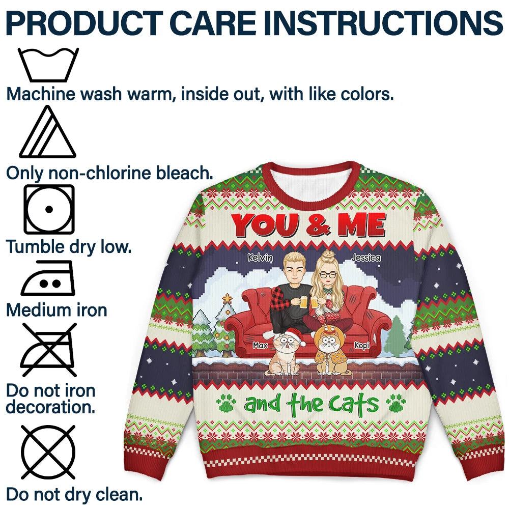 You And Me And The Cats Cartoon Christmas - Personalized Unisex Ugly Sweater