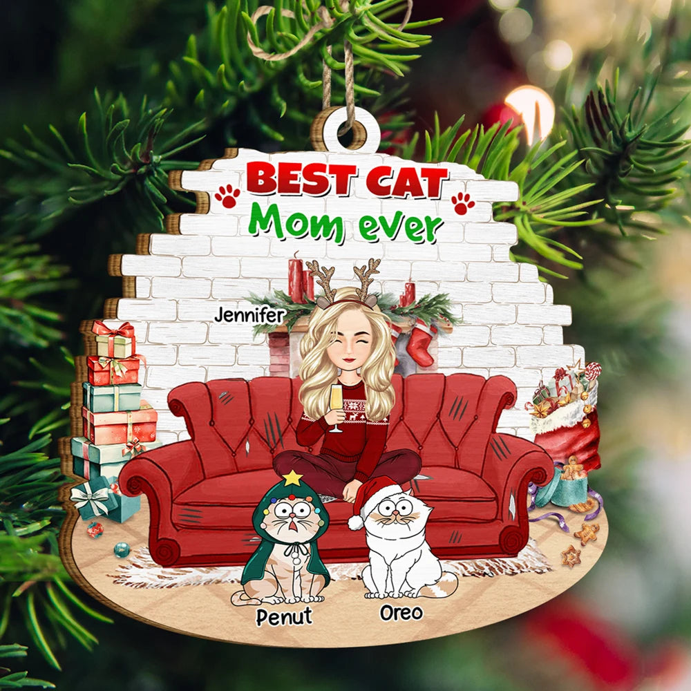 Best Cat Mom Ever Christmas - Personalized Custom Shaped Wooden Ornament