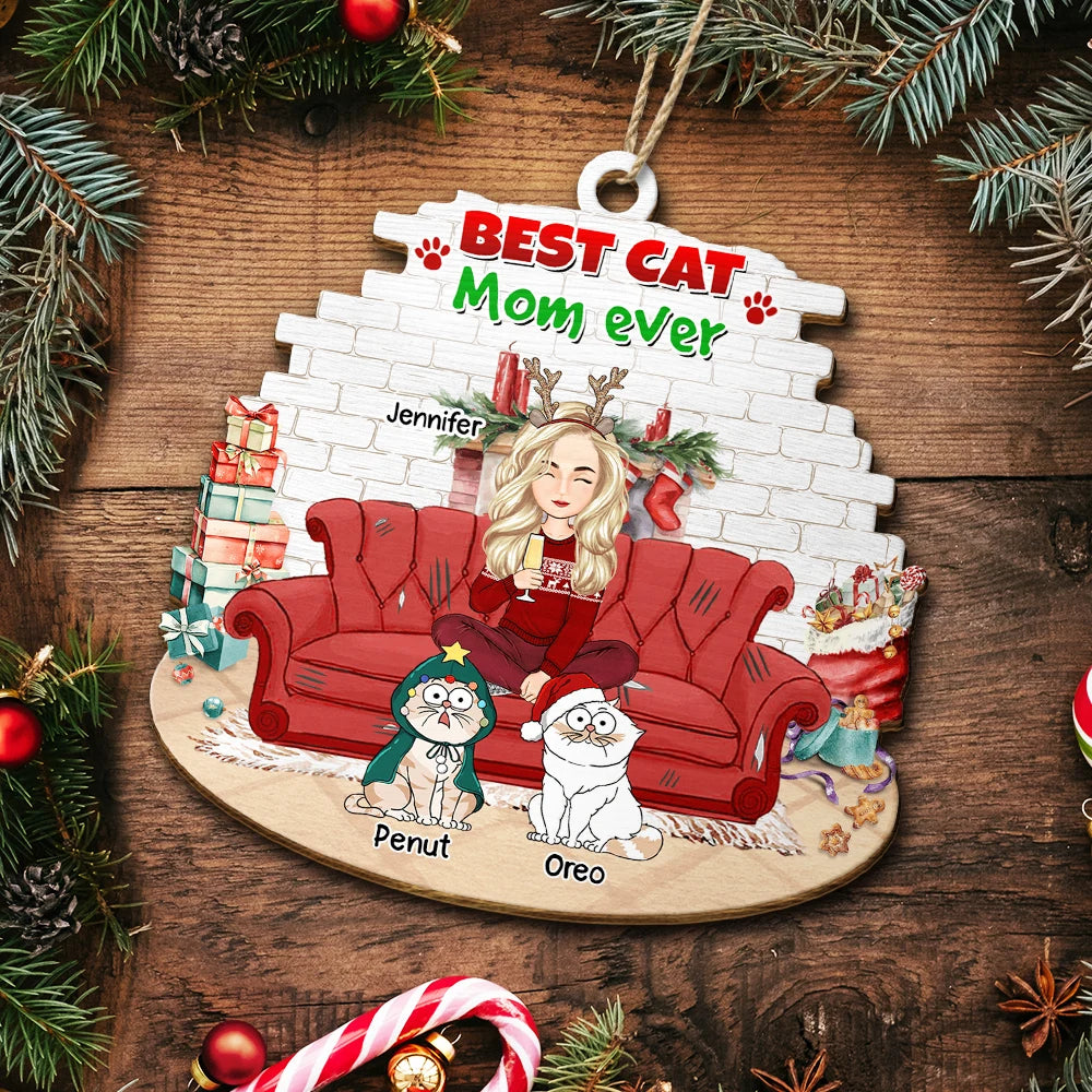 Best Cat Mom Ever Christmas - Personalized Custom Shaped Wooden Ornament