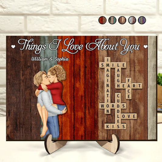 Crossword Scrabble Things I Love About You Couple - Personalized 2-Layered Wooden Plaque With Stand