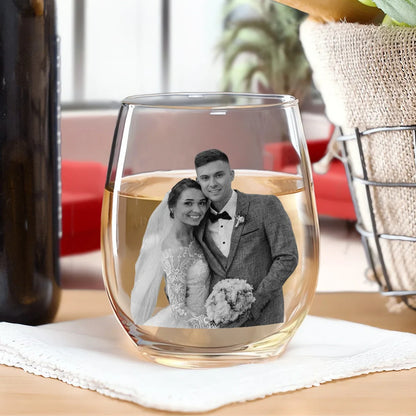 Custom Photo Greyscale Couples - Personalized Stemless Wine Glass