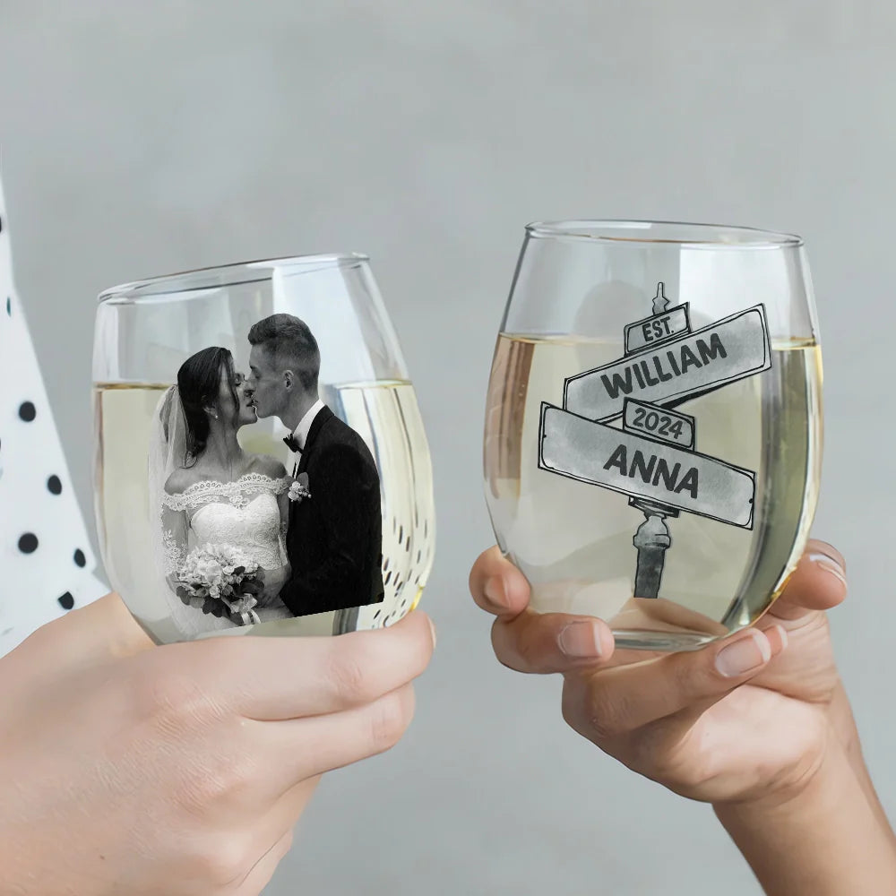 Custom Photo Greyscale Couples - Personalized Stemless Wine Glass