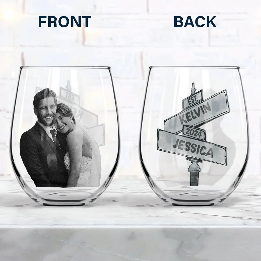 Custom Photo Greyscale Couples - Personalized Stemless Wine Glass