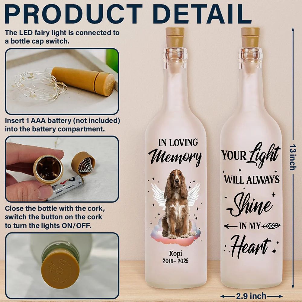 Pet Lovers, Memorial - Custom Photo Your Light Will Always Shine In My Heart - Personalized Bottle Light