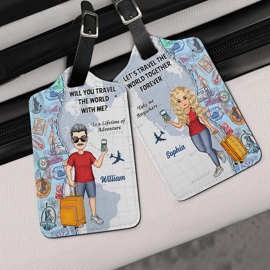 Travel The World With Me Cartoon Couples - Personalized Combo 2 Luggage Tags