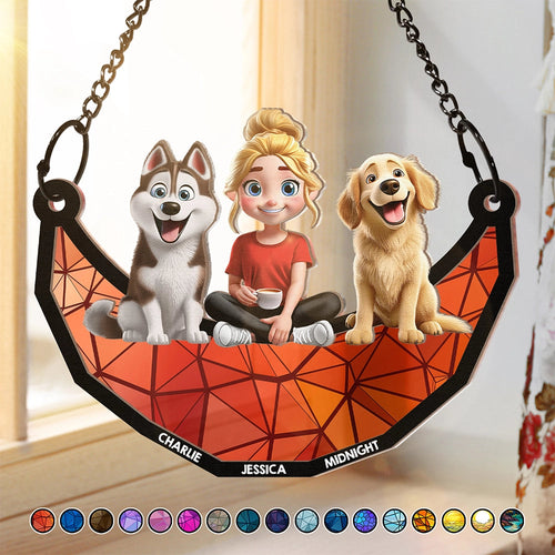 3D Cartoon Dog And Women Sit On The Moon - Personalized Window Hanging Suncatcher Ornament