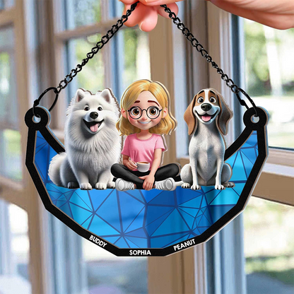 3D Cartoon Dog And Women Sit On The Moon - Personalized Window Hanging Suncatcher Ornament