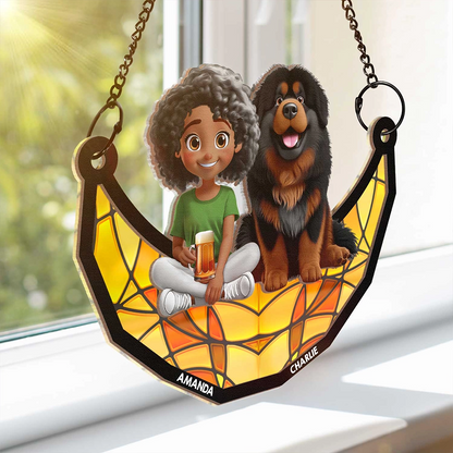 3D Cartoon Dog And Women Sit On The Moon - Personalized Window Hanging Suncatcher Ornament