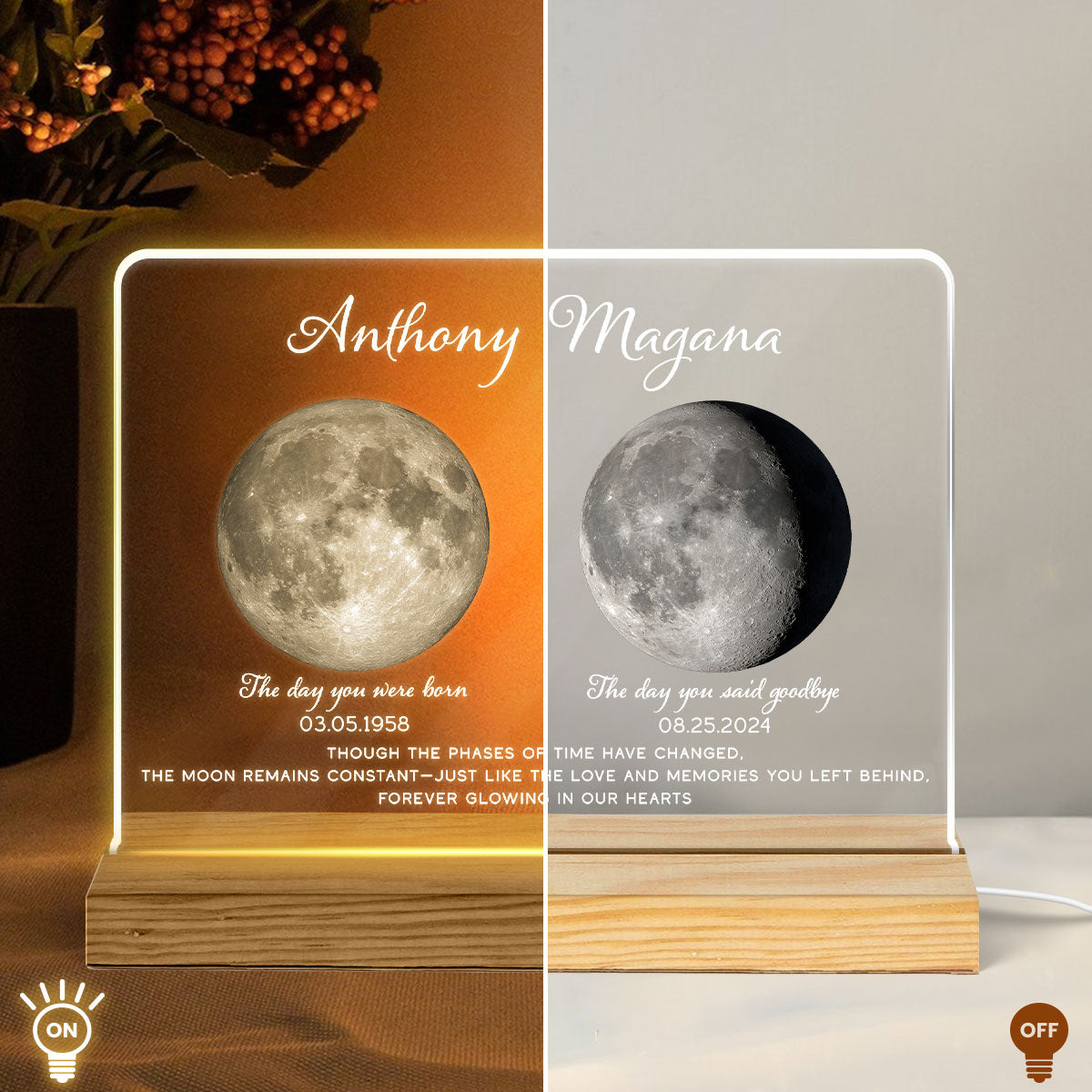 Memorial Keepsake Lost Loved One Moon Phase Art Sympathy Gift Personalized Acrylic Plaque With LED Night Light