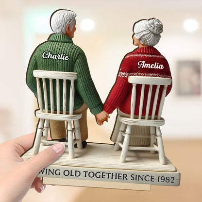 3D Effect Back View Old Couple Sitting Together Holding Hands Personalized Standing Wooden Plaque, Heartfelt Gift For Couple, For Him, For Her, Husband, Wife