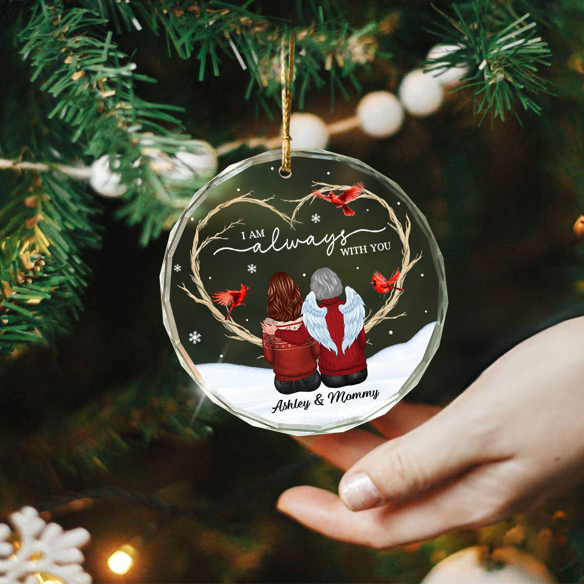 Cardinals Heart Branch Memorial Personalized Glass Ornament, Sympathy Keepsake