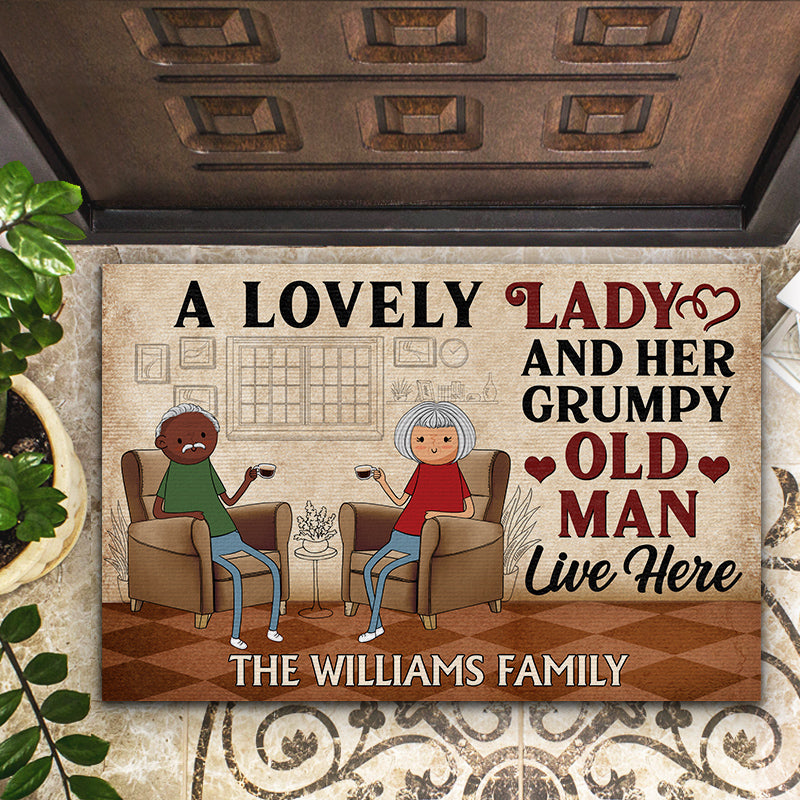 Family Funny Old Couple A Lovely Lady And A Grumpy Old Man Live Here - Gift For Family - Personalized Custom Doormat