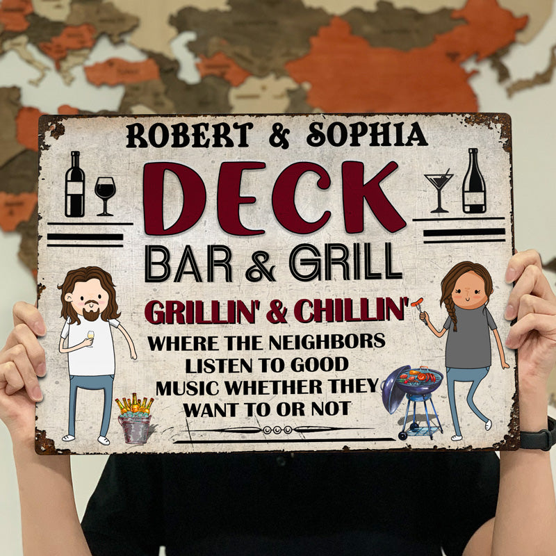 Funny Family The Patio Bar Where The Neighbors Listen To Good Music - Backyard Sign - Personalized Custom Classic Metal Signs