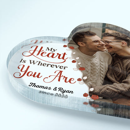 Custom Photo My Favorite Place In All The World - Anniversary Gift For Couple - Personalized Custom Heart Shaped Acrylic Plaque