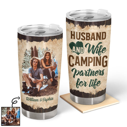 Custom Photo Camping Partners For Life Husband Wife - Gift For Couples - Personalized Custom Tumbler