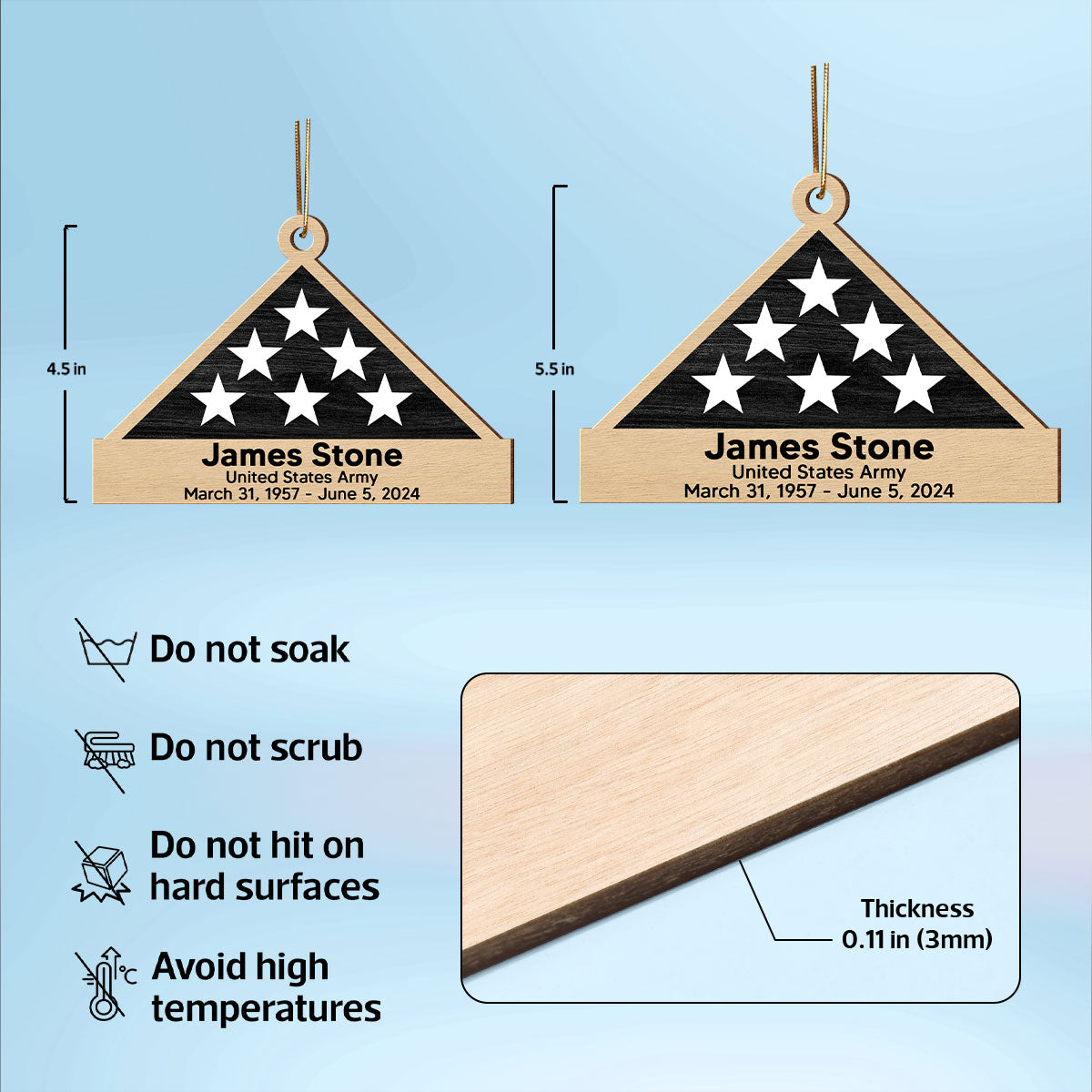 Memorial Honor Sympathy Gift Folded Flag Photo Inserted Personalized Double-Sided Wooden Ornament