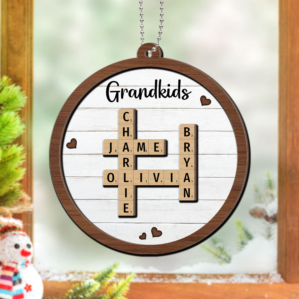 Grandkids Crossword Puzzle Art - Personalized Wooden Ornament