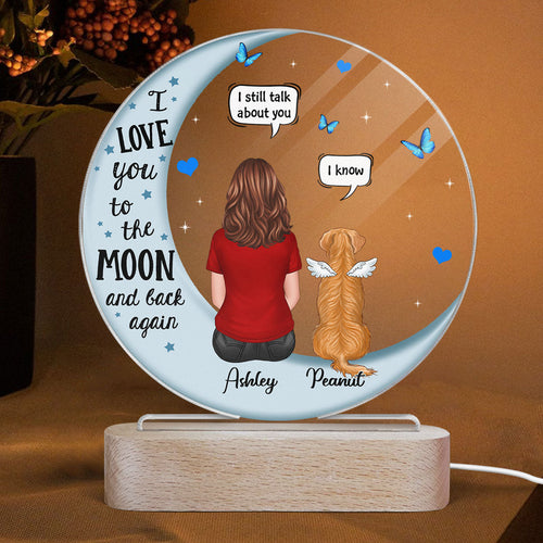 Memorial Dog On Moon Personalized Circle Acrylic LED Lamp Night Light