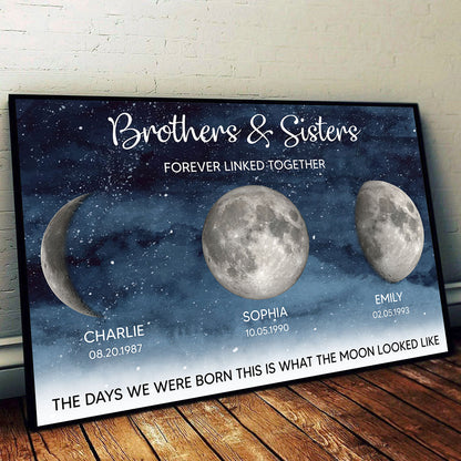 Starry Night Brothers & Sisters Forever Linked Together Custom Birthday Moon Phase Personalized Poster