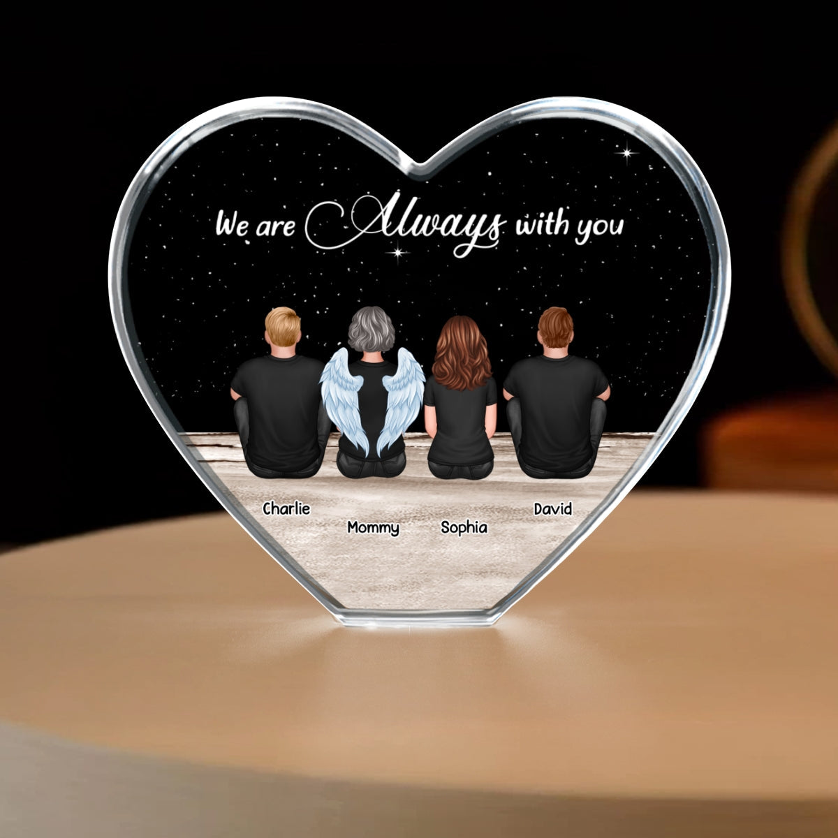 Always With You Sky Family Members, Memorial Personalized Premium Crystal Heart LED, Sympathy Gift