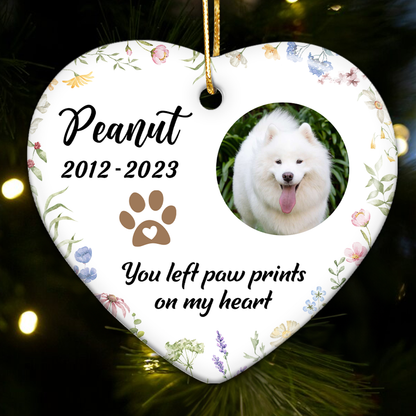 You Left Paw Prints On Our Hearts Personalized Ceramic Heart Ornament, Custom Photo Pet Memorial Gift, Dog Memorial, Cat Memorial