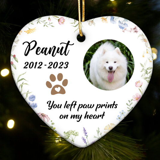 You Left Paw Prints On Our Hearts Personalized Ceramic Heart Ornament, Custom Photo Pet Memorial Gift, Dog Memorial, Cat Memorial