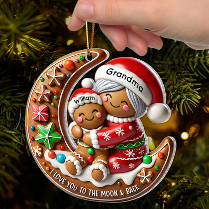 3D Effect Gingerbread Grandma Hugging Grandkid On Moon Christmas Personalized Acrylic Ornament, Gift For Granddaughter, Grandson