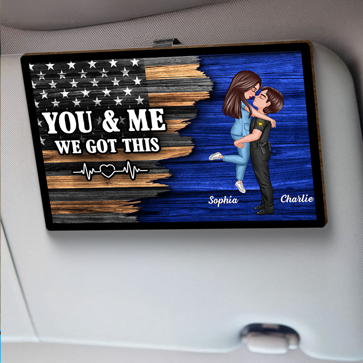 Hero Couple Hugging Kissing Half Flag Valentine's Day Gift by Occupation Gift For Her Gift For Him Personalized Car Visor