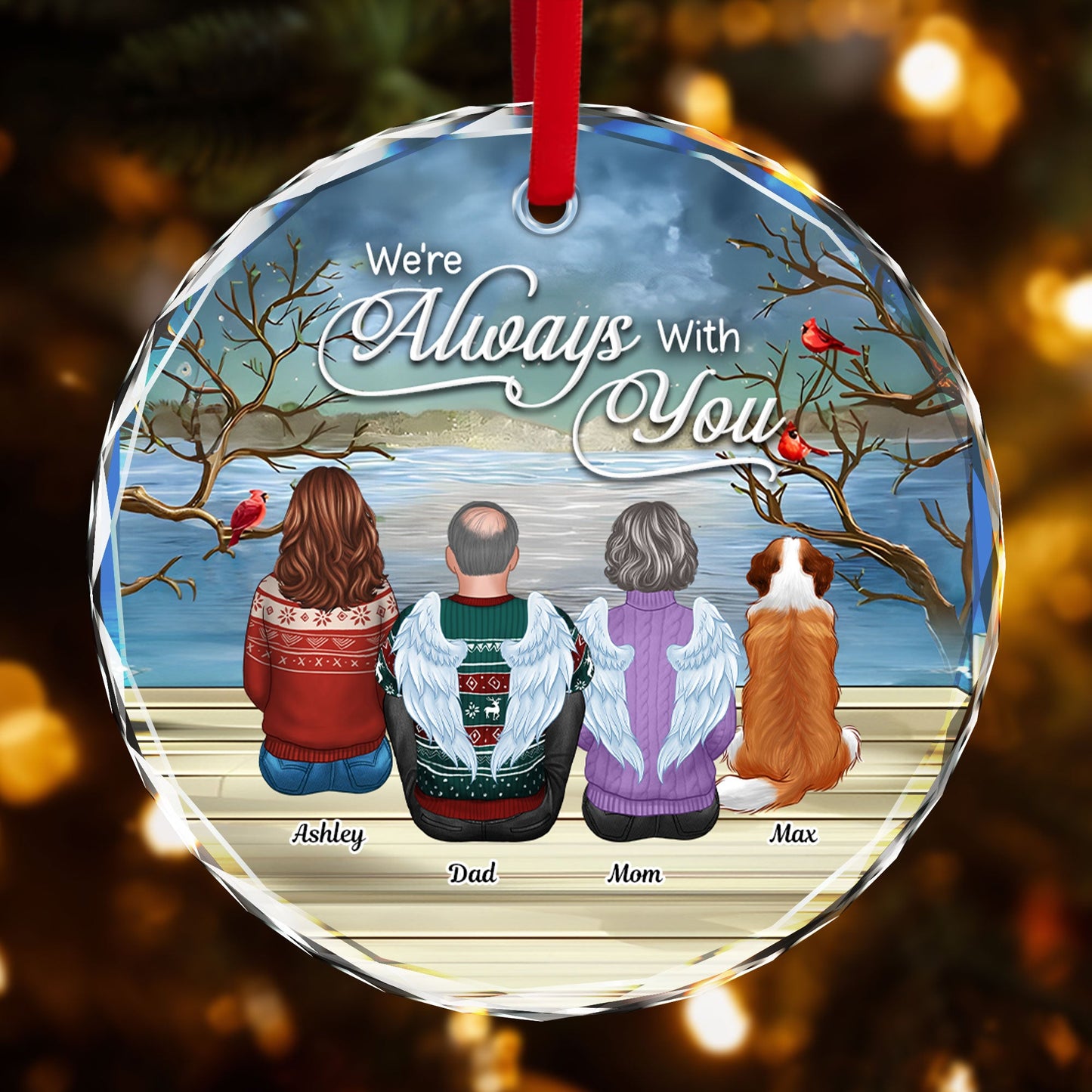 Always With You Christmas Family Sitting Back View Memorial Personalized Glass Ornament, Remembrance Gift, Sympathy Gift