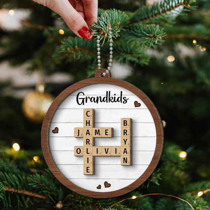 Grandkids Crossword Puzzle Art - Personalized Wooden Ornament