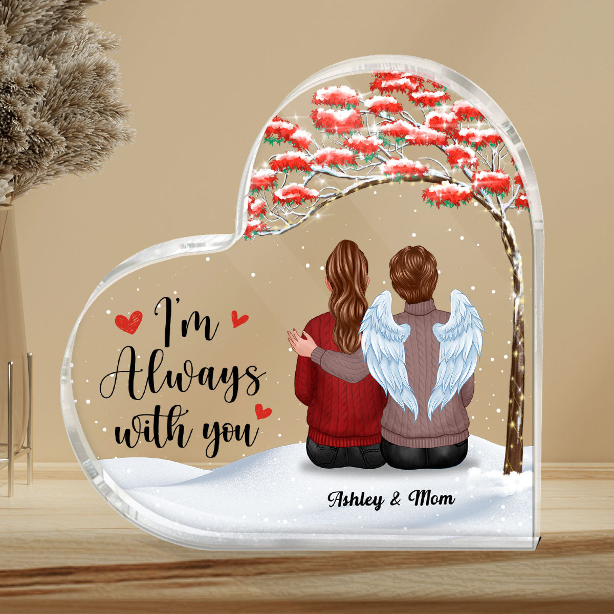 Family Sitting Under Red Tree Memorial Remembrance Gift Personalized Heart Plaque