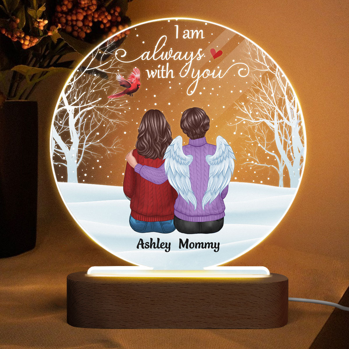 Cardinal Always With You Memorial Snow Personalized Circle Acrylic Plaque LED Lamp Night Light