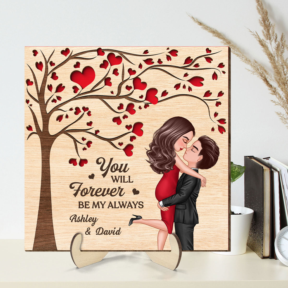 Couple Kissing Under Heart Tree Engraved Personalized 2-layer Wooden Plaque, Valentine‘s Day Gift For Him, For Her