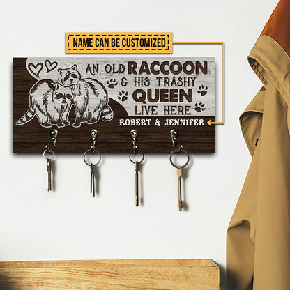 Raccoon Couple Trashy Queen Live Here Personalized Custom Wood Key Holder