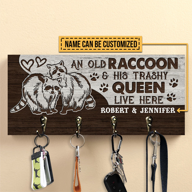 Raccoon Couple Trashy Queen Live Here Personalized Custom Wood Key Holder